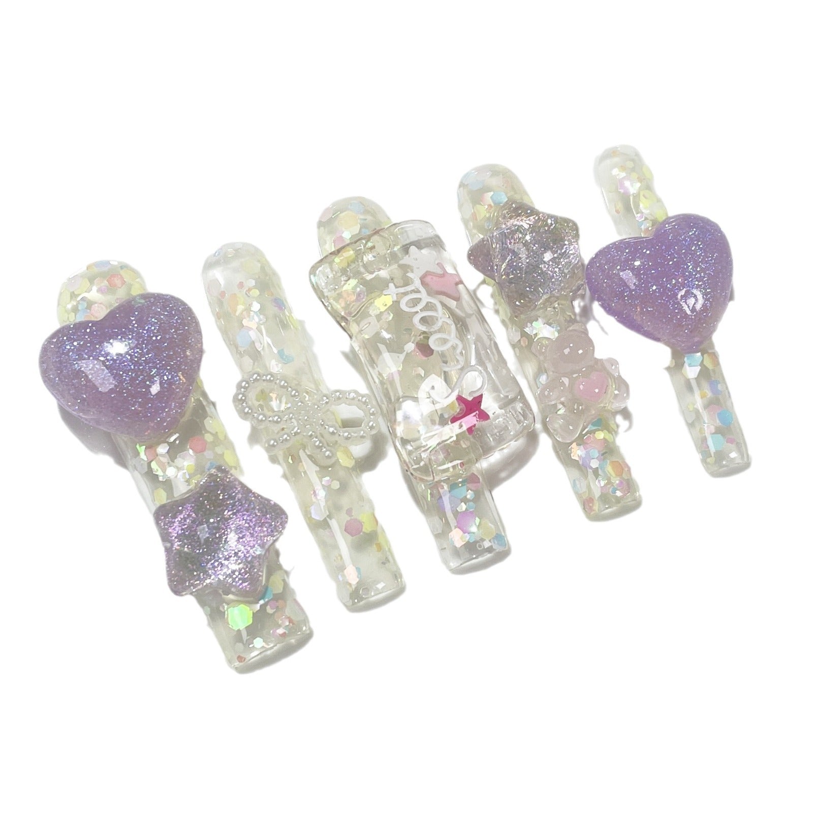 Uñas postizas de gel con corte a través de Ic, hechas a mano, súper largas, con diseño de agua, estilo caramelo, 365nails