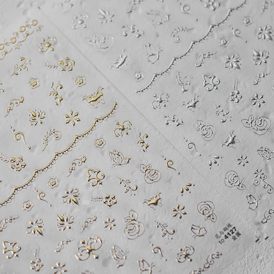 金屬感花卉與藤蔓指甲貼紙 - 5D 立體壓紋奢華東方風套組