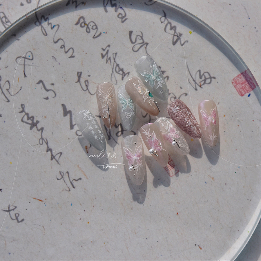 粉色全息蝴蝶指甲貼紙 - 5D 立體壓紋夢幻仙子套組