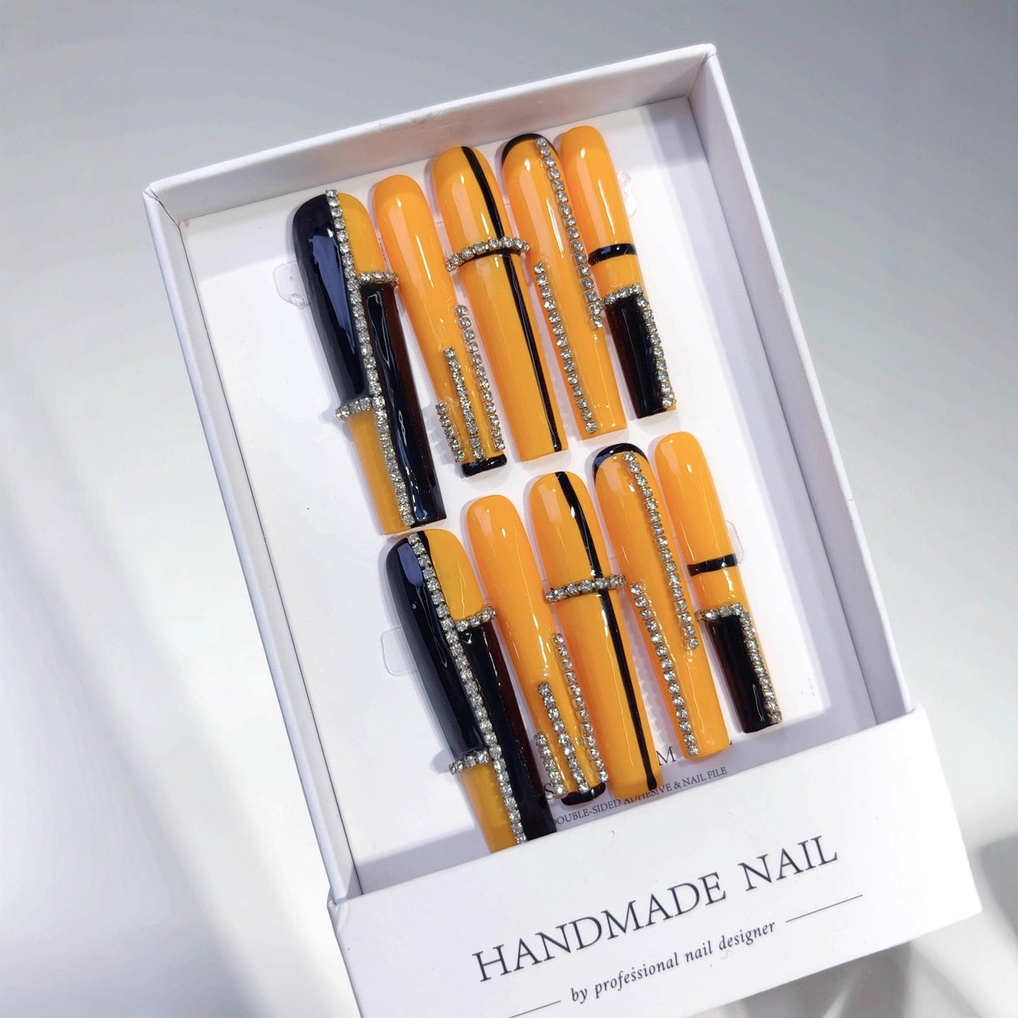 Orange Black Crystal Chain Modern Press On Nails