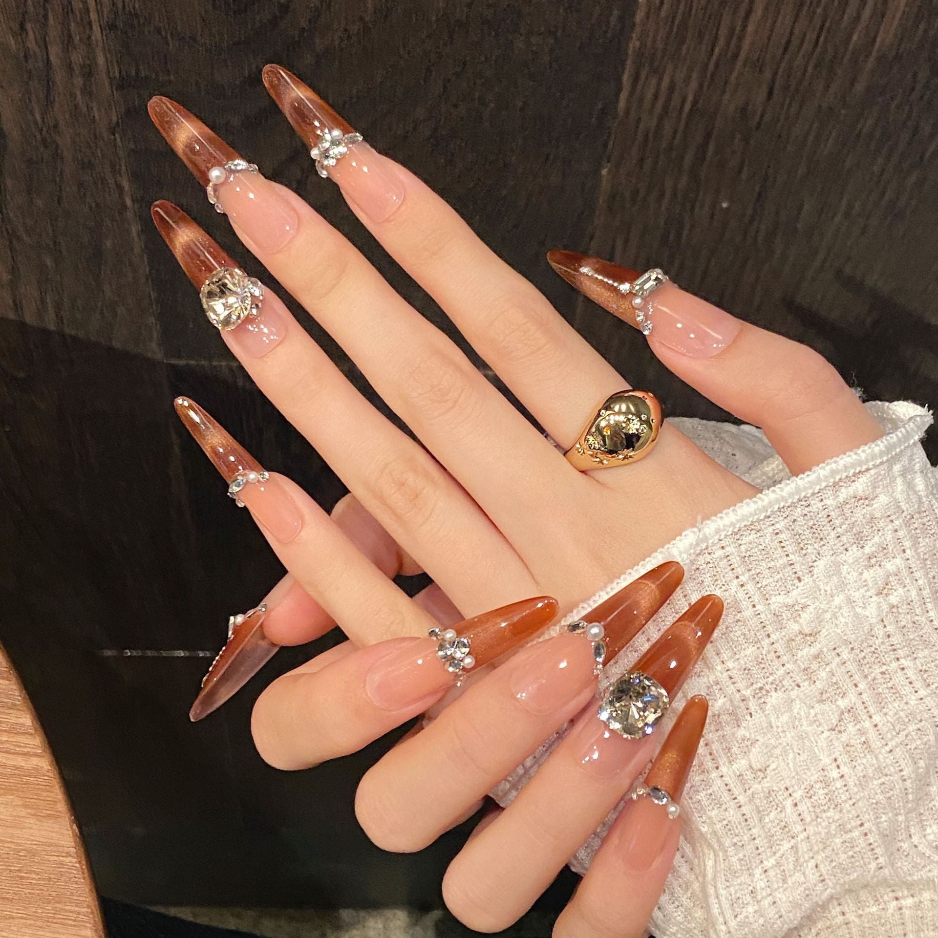 365nails: "Autumn Blush" – Handcrafted Cat Eye Gradient & Crystal Accents Coffin Nails