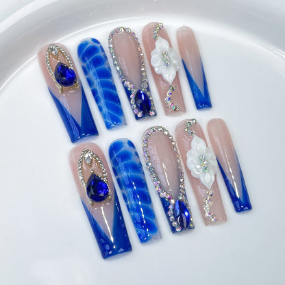 Medium and long water pipe nail art patch ice through French Handmade press on nails smudge snake skin personalized fake nail wholesale｜365nails