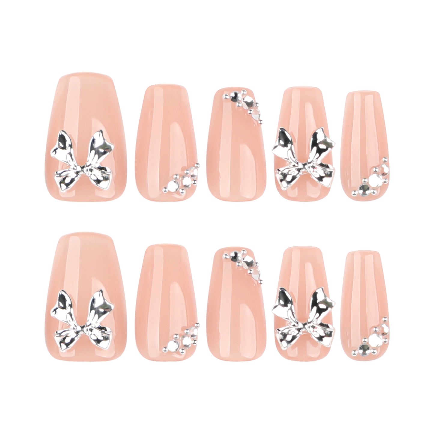 Nude Bow Accent Nails with Silver Crystal Details