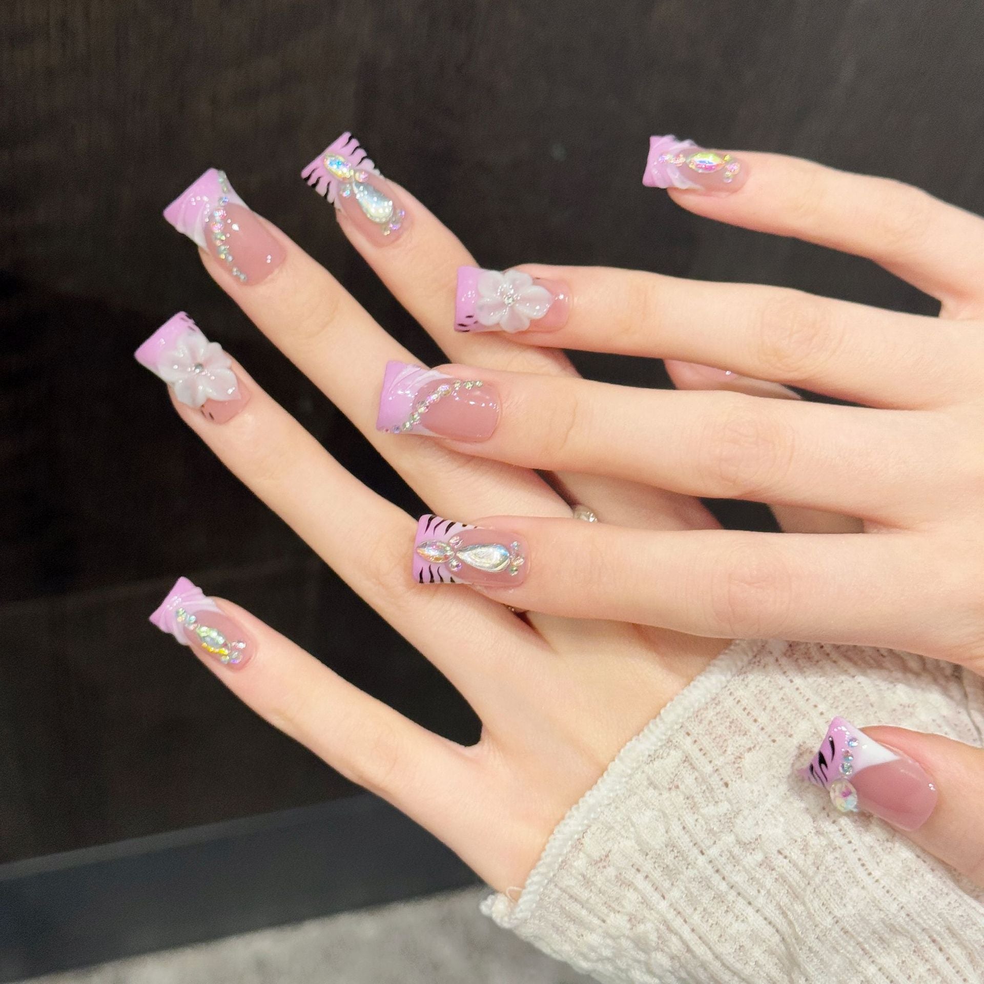 365nails: "Neon Safari" – 3D Floral & Iridescent Tiger Stripe Handmade Almond Nails