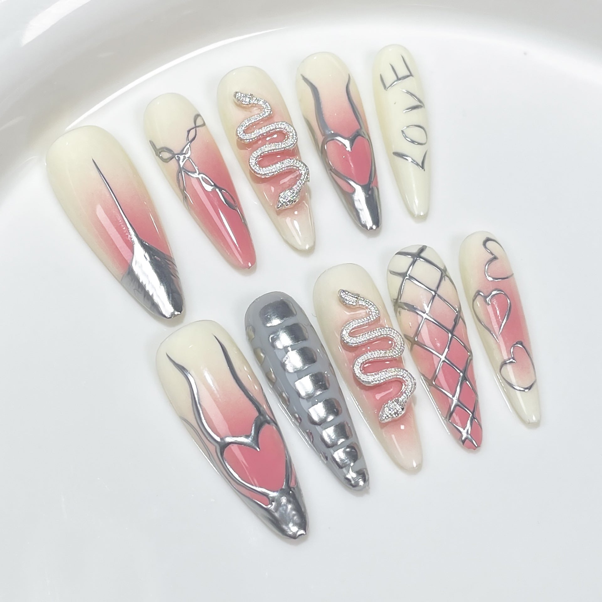 Uñas postizas de punta larga hechas a mano con pistola pulverizadora, cambio gradual, parche de uñas pintado a mano, chicas geniales, uñas postizas con acabado industrial pesado | 365nails