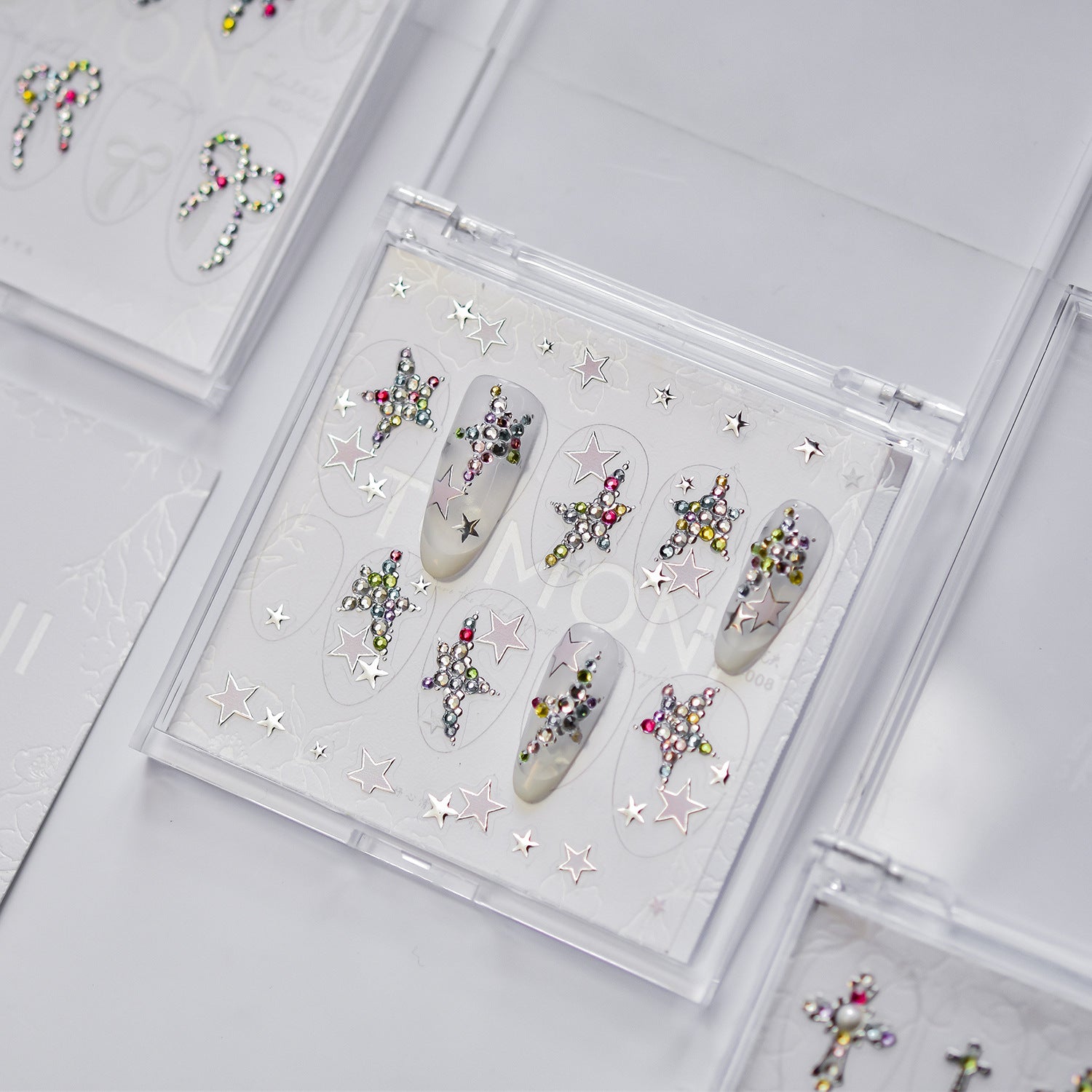 Multicolor Crystal Bow & Star Nail Sticker Set – "Glamorous Crystal Bow Star"