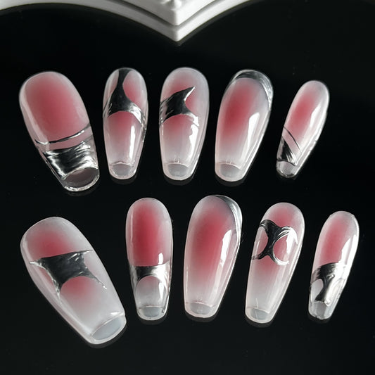 Handmade press-on nails blush metal medium and long white Internet celebrity nail art finished nail piece press-on nails fake nail patch｜365nails