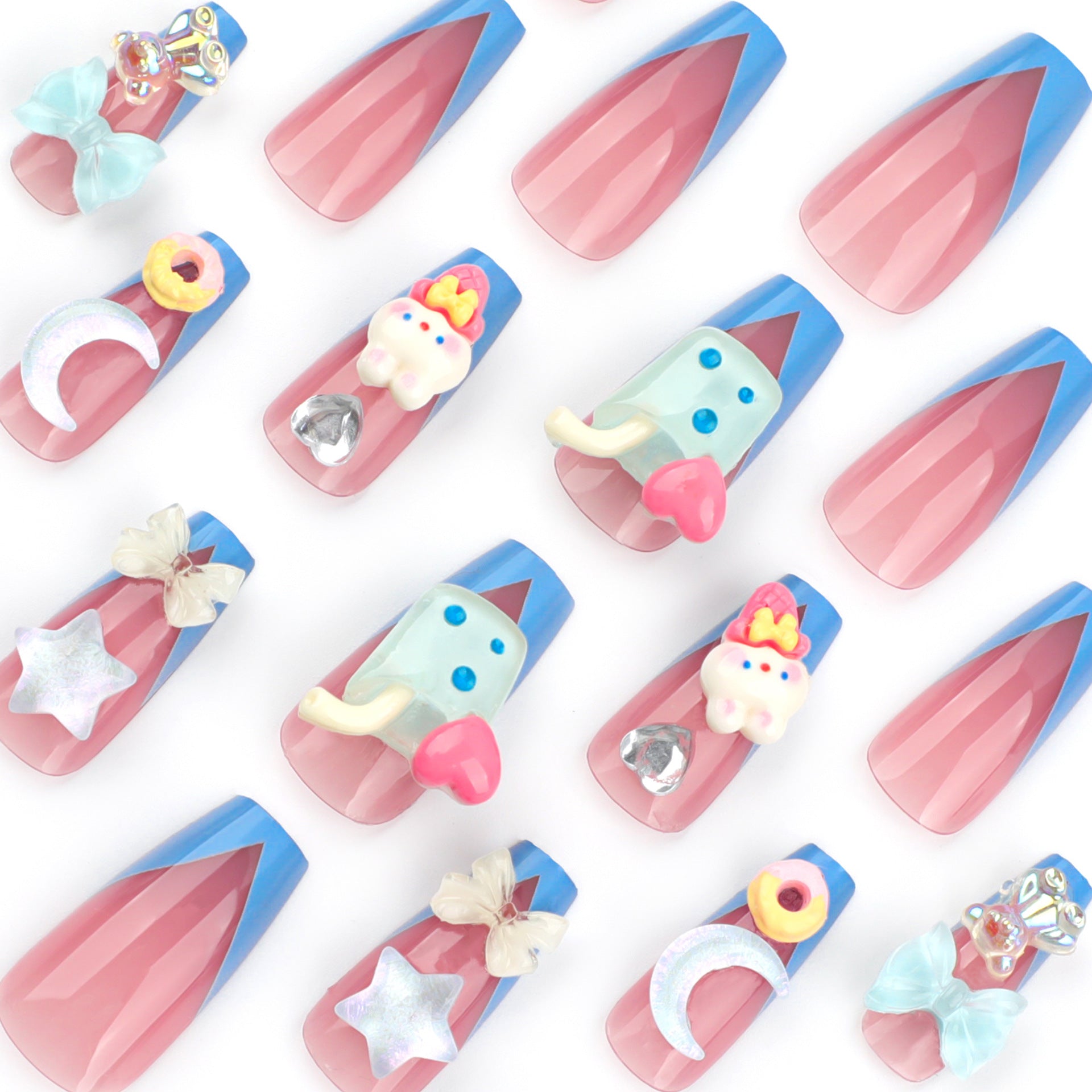 Manicura de luna y estrella de dibujos animados en tres dimensiones, estilo veraniego, con diseño de viento, para presionar sobre las uñas, con un lindo conejo de dibujos animados, armadura para presionar | 365nails