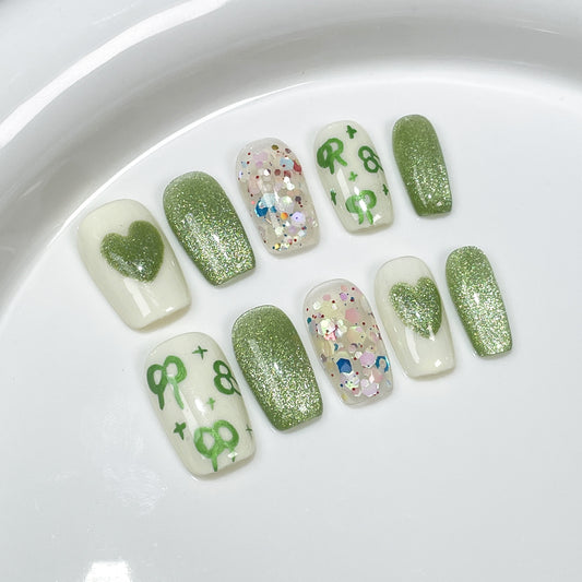 Spring and summer new manicure Qingti cat eye cute hand-painted bow handmade press-on nails wearable nail sticker wholesale｜365nails
