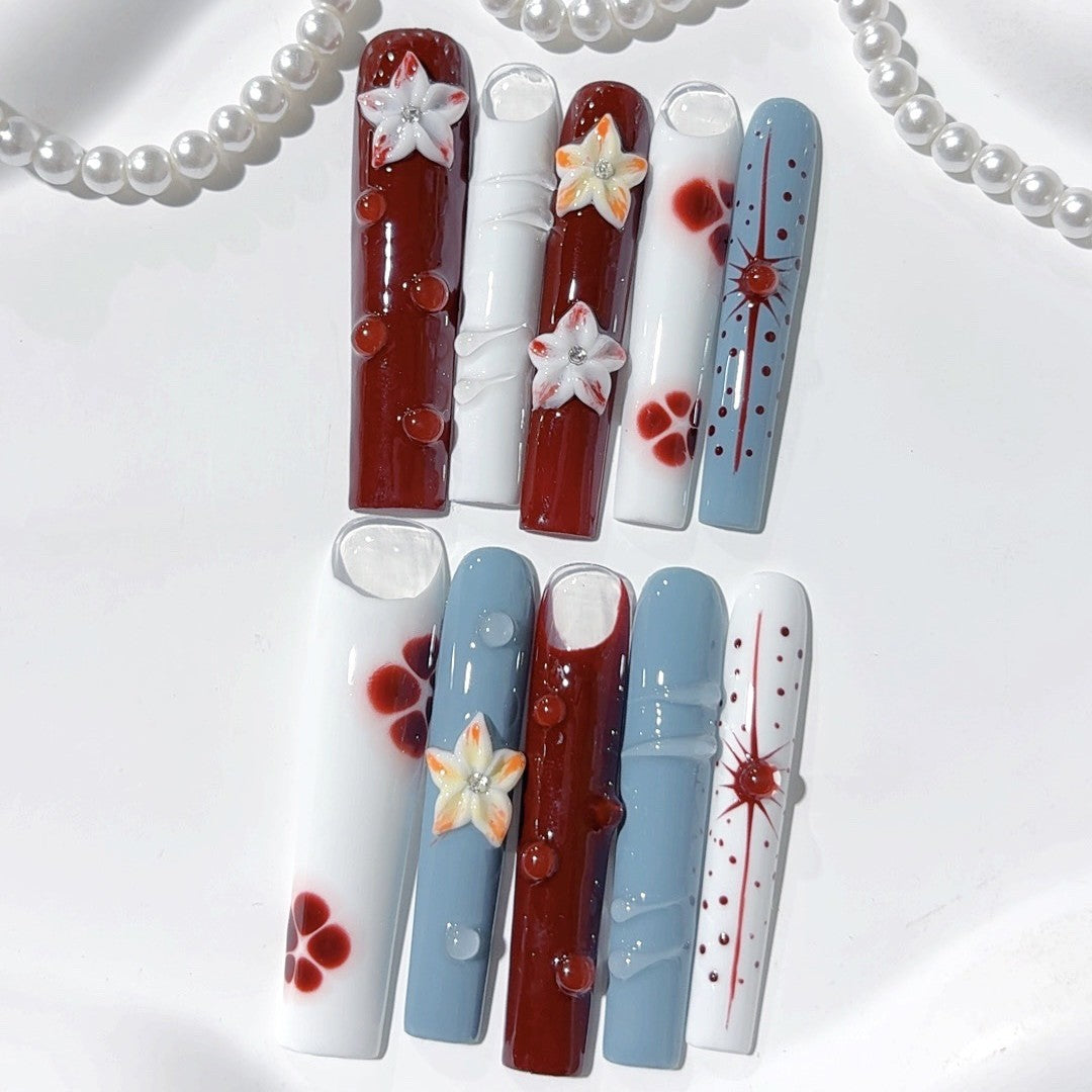 Warm Retro Floral Art Extra Long Press On Nails