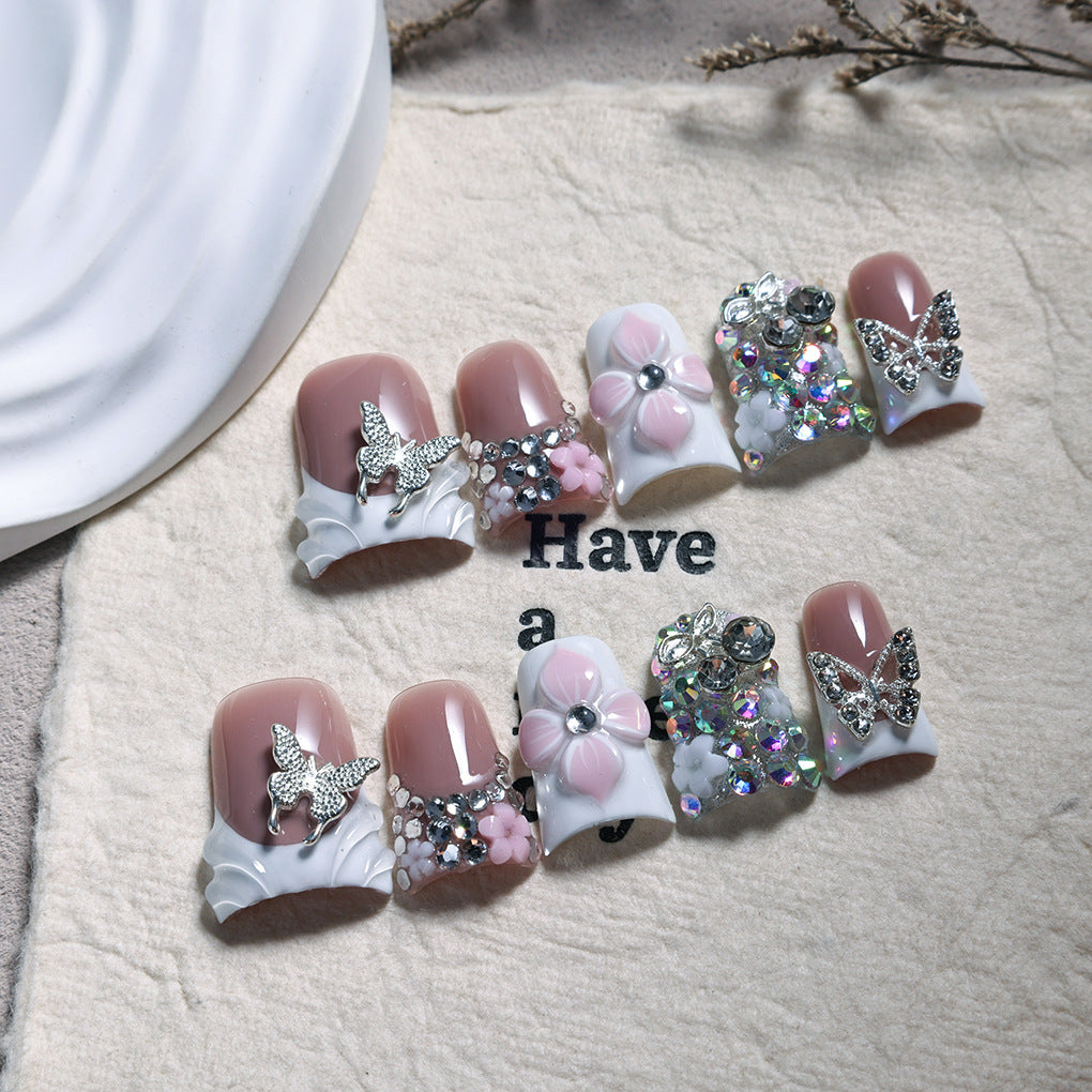 White Floral Butterfly Crystal Press On Nails