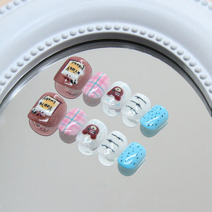 Brown three-dimensional bear fine flash cat eye blue pink kids nails｜365nails