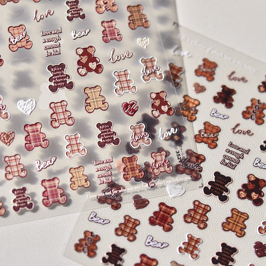 Plaid Teddy Bear Nail Stickers – 5D Embossed Sweet Love Set