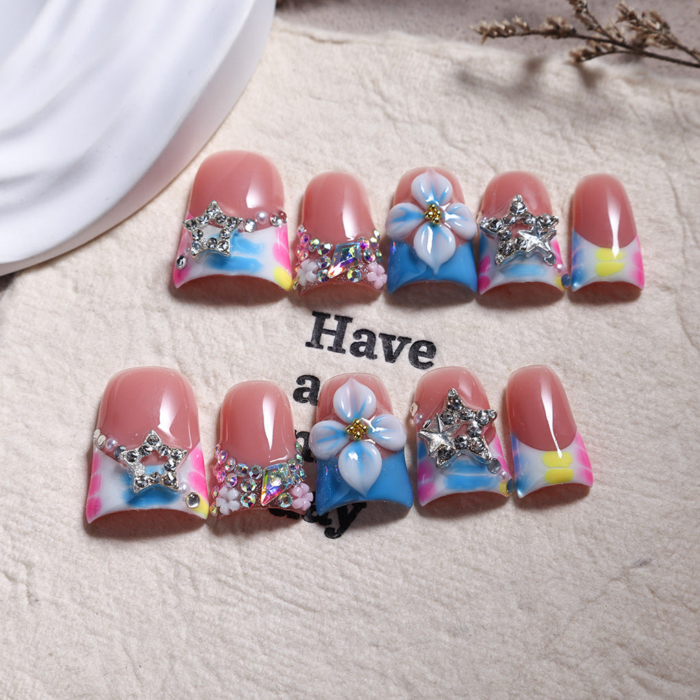 Colorful Floral Star Crystal French Press On Nails