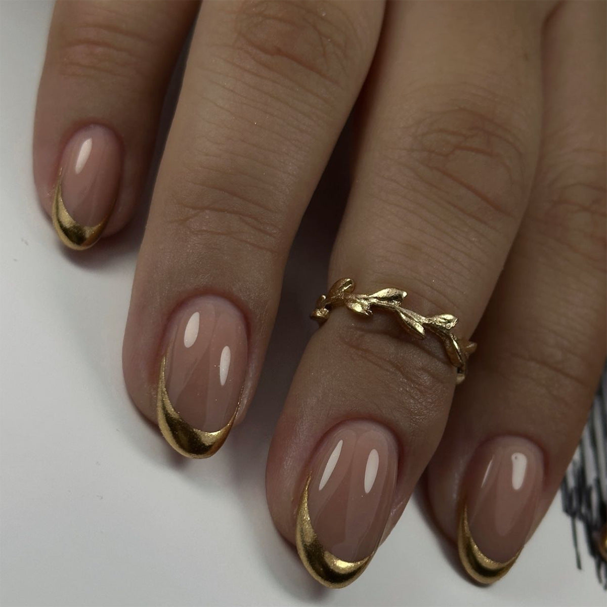 Unhas falsas em pó simples, curtas, curtas, redondas e nuas, francesas, douradas, vestíveis, polpa dourada 3D, atacado｜365nails