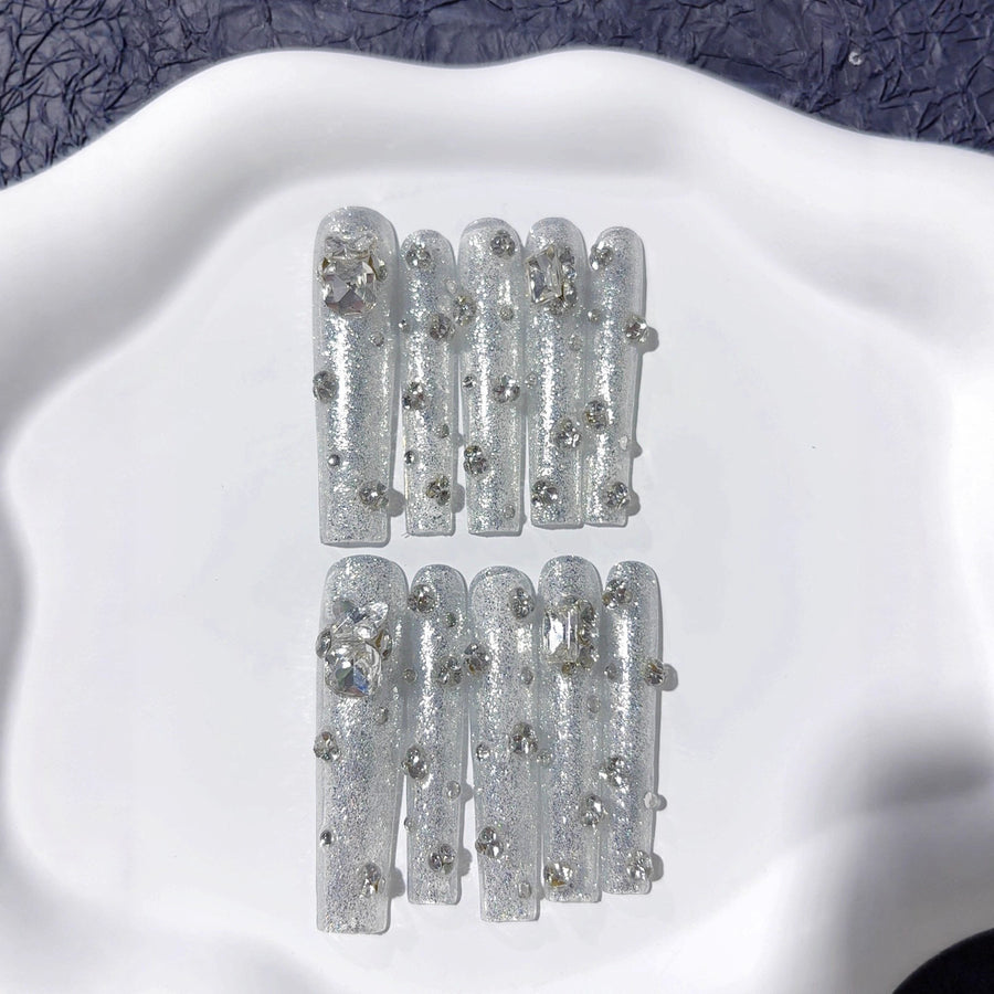 Silver Glitter Crystal Minimal Luxe Press On Nails
