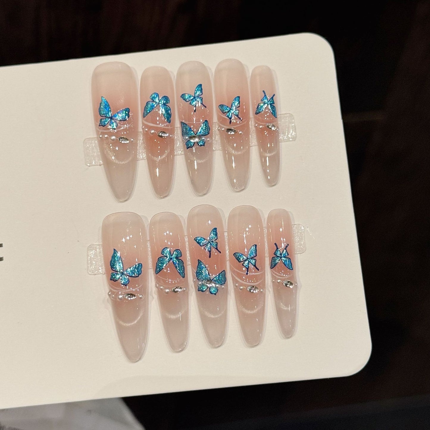 Blue Butterfly Sparkle Nude Pink Elegant Crystal Nails
