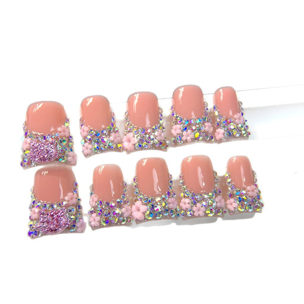 Soft Pink Crystal Floral Press On Nails