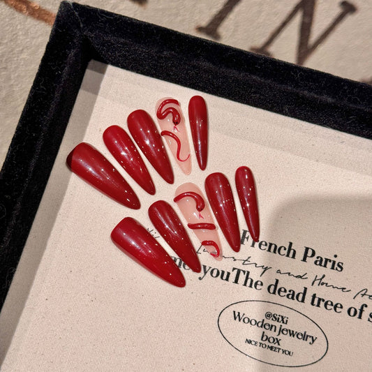 Red snake autumn and winter long pointed white hot girl pure handmade press on nails punk nail art fake nails | 365nails