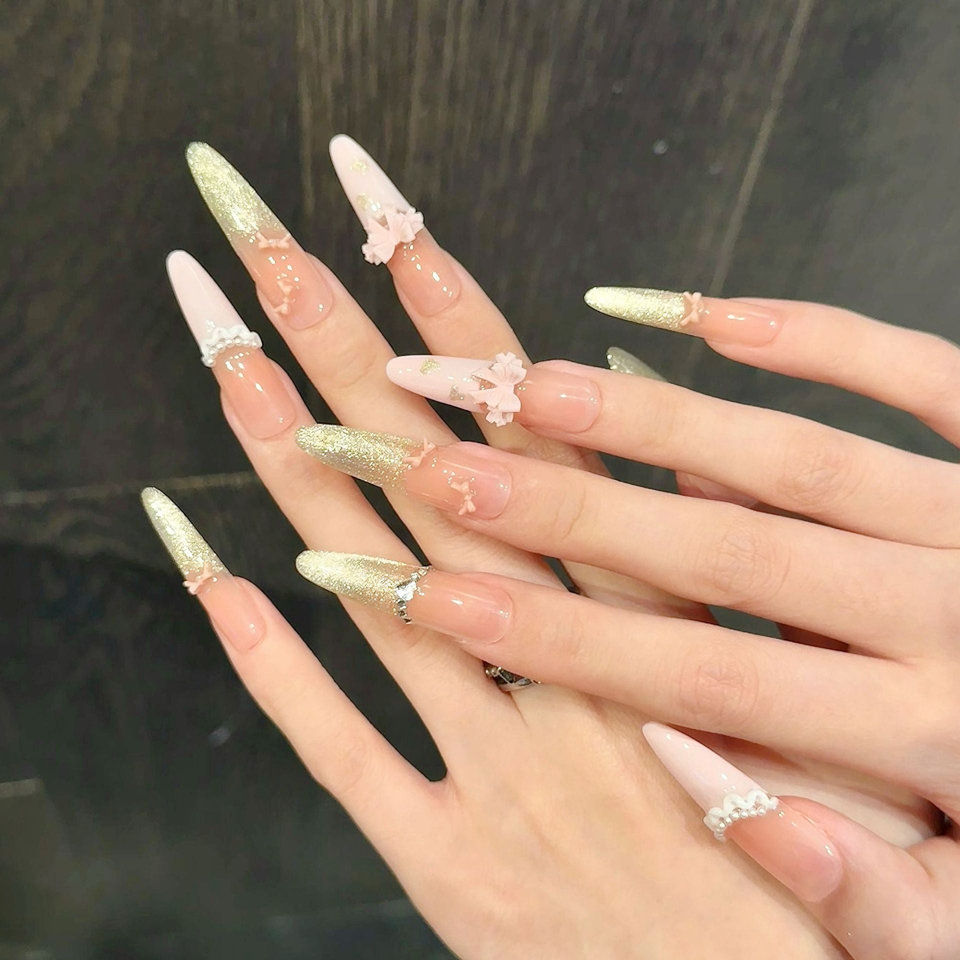 365nails: "Golden Hour Romance" – 3D Bow & Pearl Handmade Long Coffin Nails