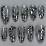 Gothic Cool Spicy Silver 3D Stereoscopic Short Almond press-on nails