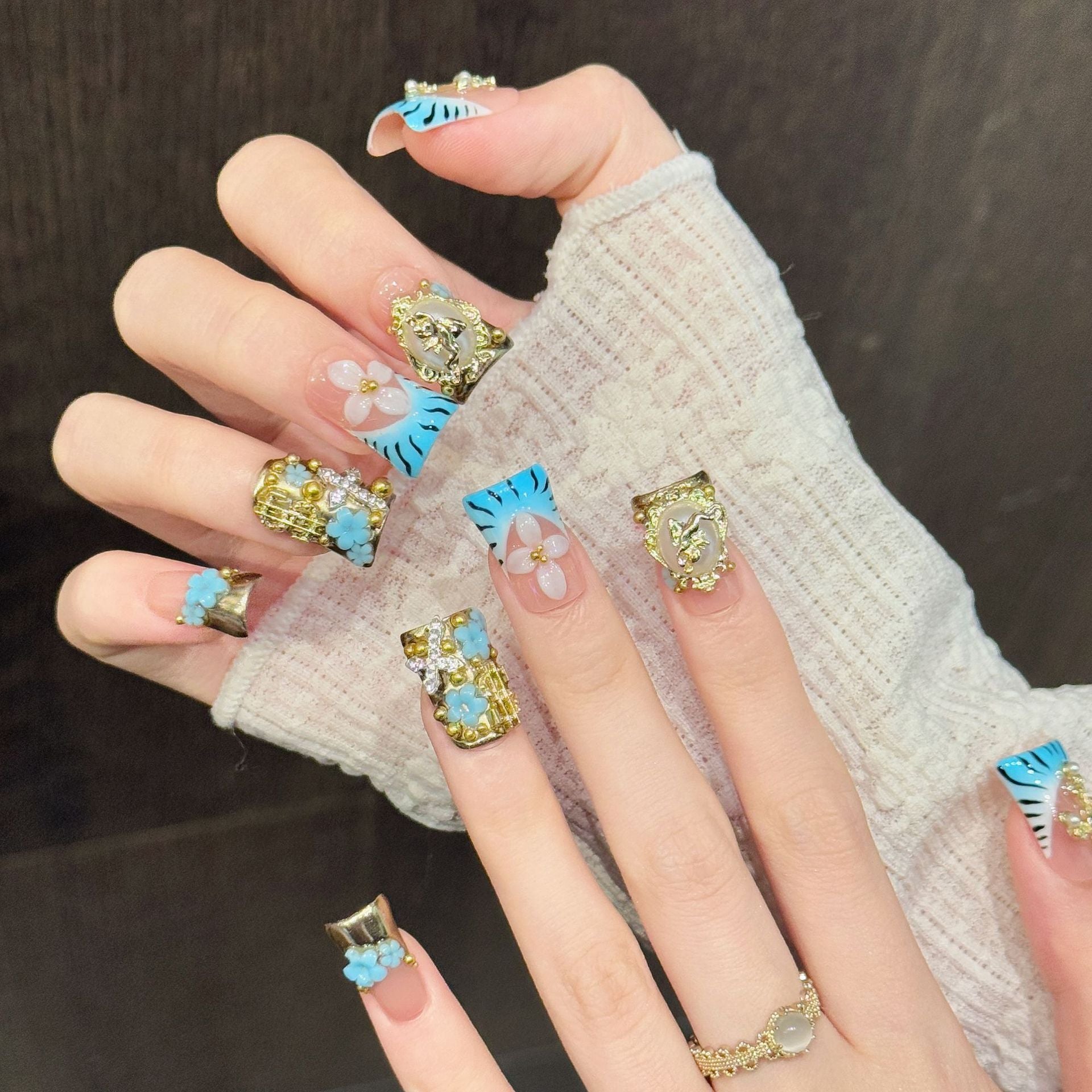 365nails: "Gilded Sanctity" – 3D Cross & Floral Handmade Coffin Nails