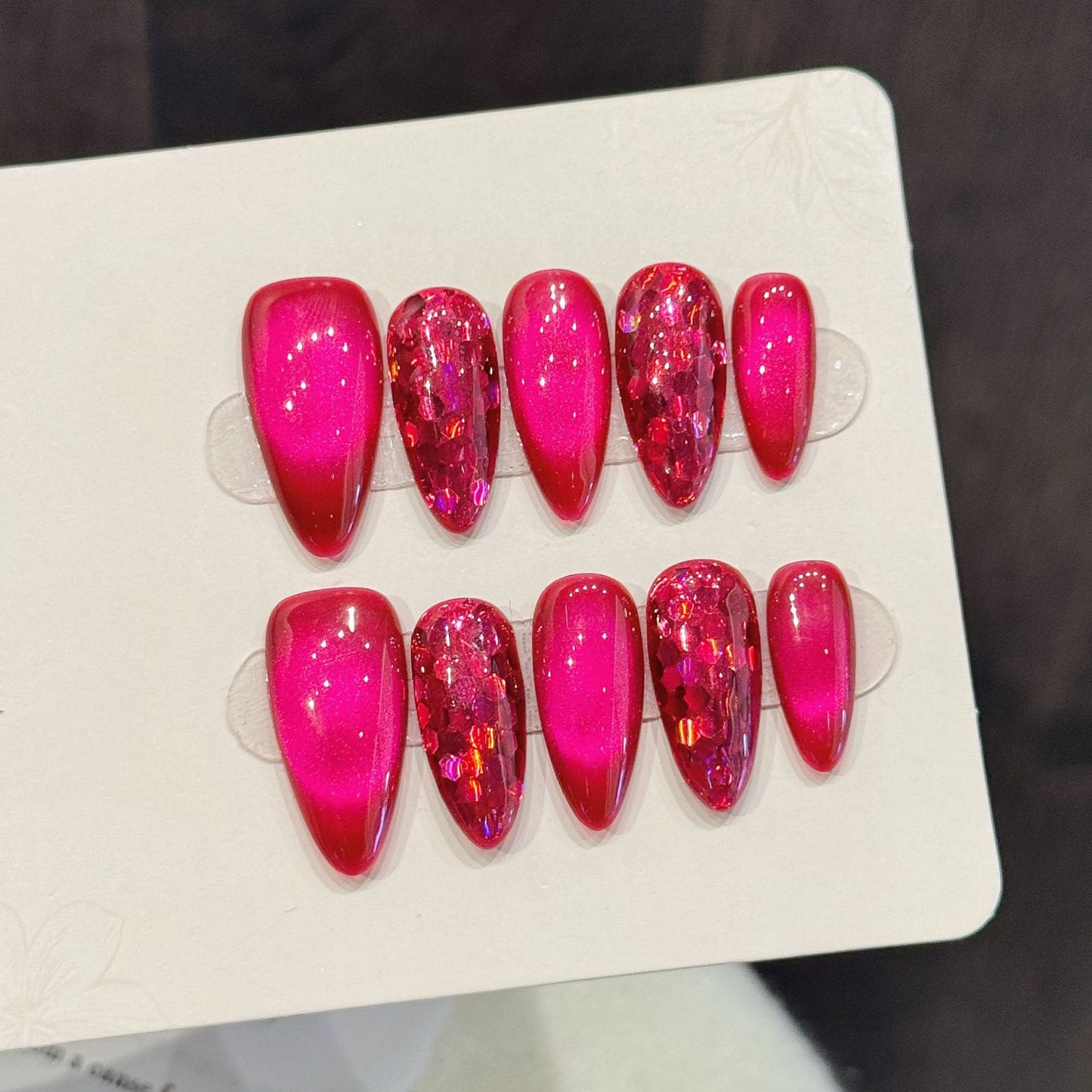 Hot Pink Glitter Cat-Eye Glam Nails