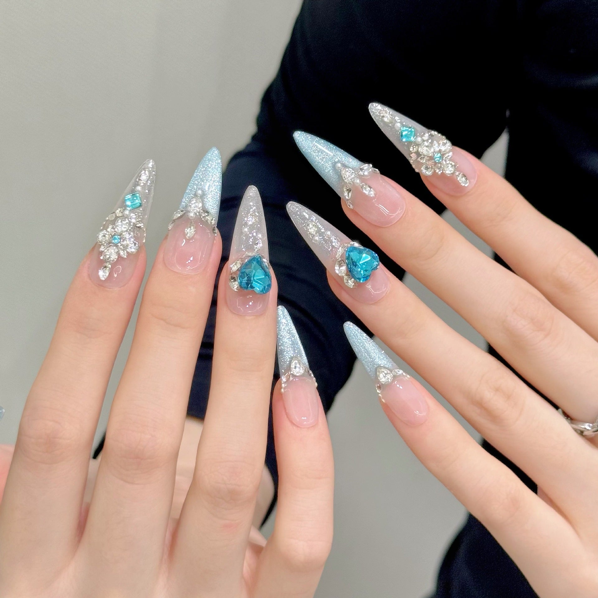 365nails: "Heart of the Ocean" – 3D Gemstone Encrusted Handmade Stiletto Nails