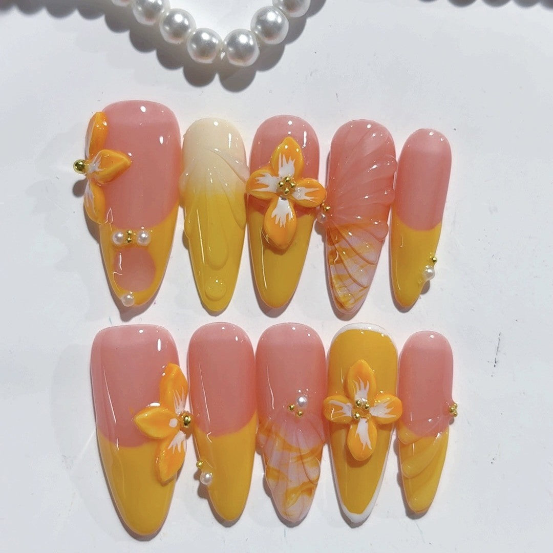 365nails - 陽光綻放：橘色花朵 — 杏仁形 手工製 立體雕刻 穿戴甲