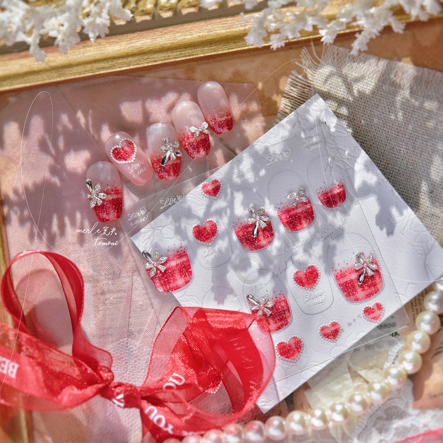 Red Plaid & Rhinestone Heart: "Crimson Plaid Love" – 5D Embossed Nail Sticker