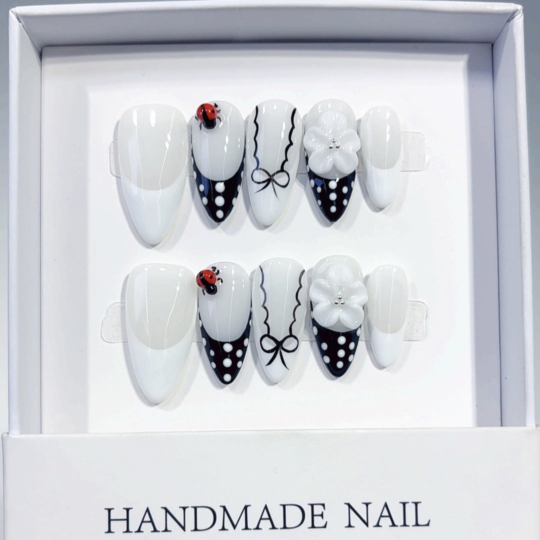Ladybug Elegance: "Monochrome Floral" – Almond Press-On Nails