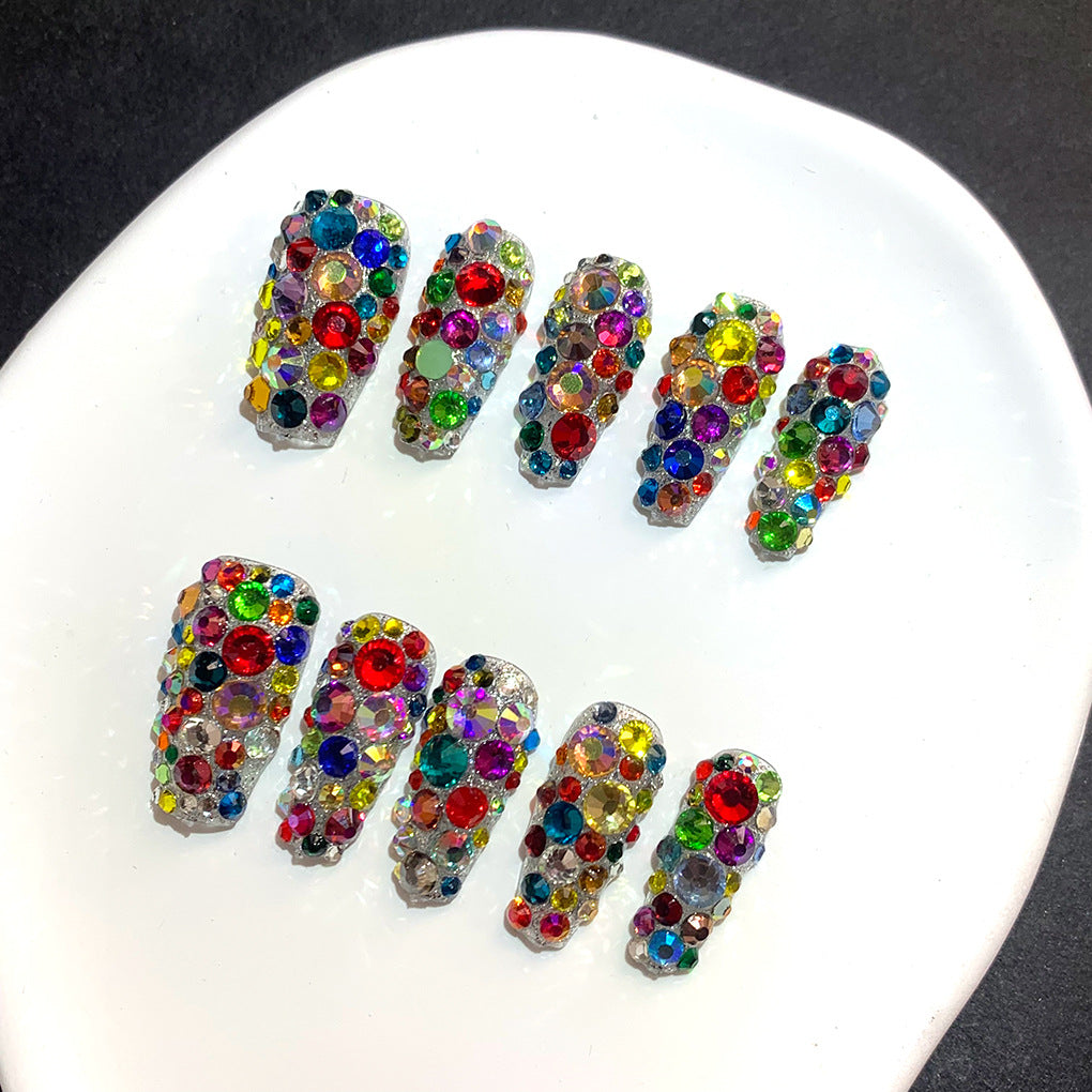 Multicolor Crystal Full Cover Statement Press On Nails