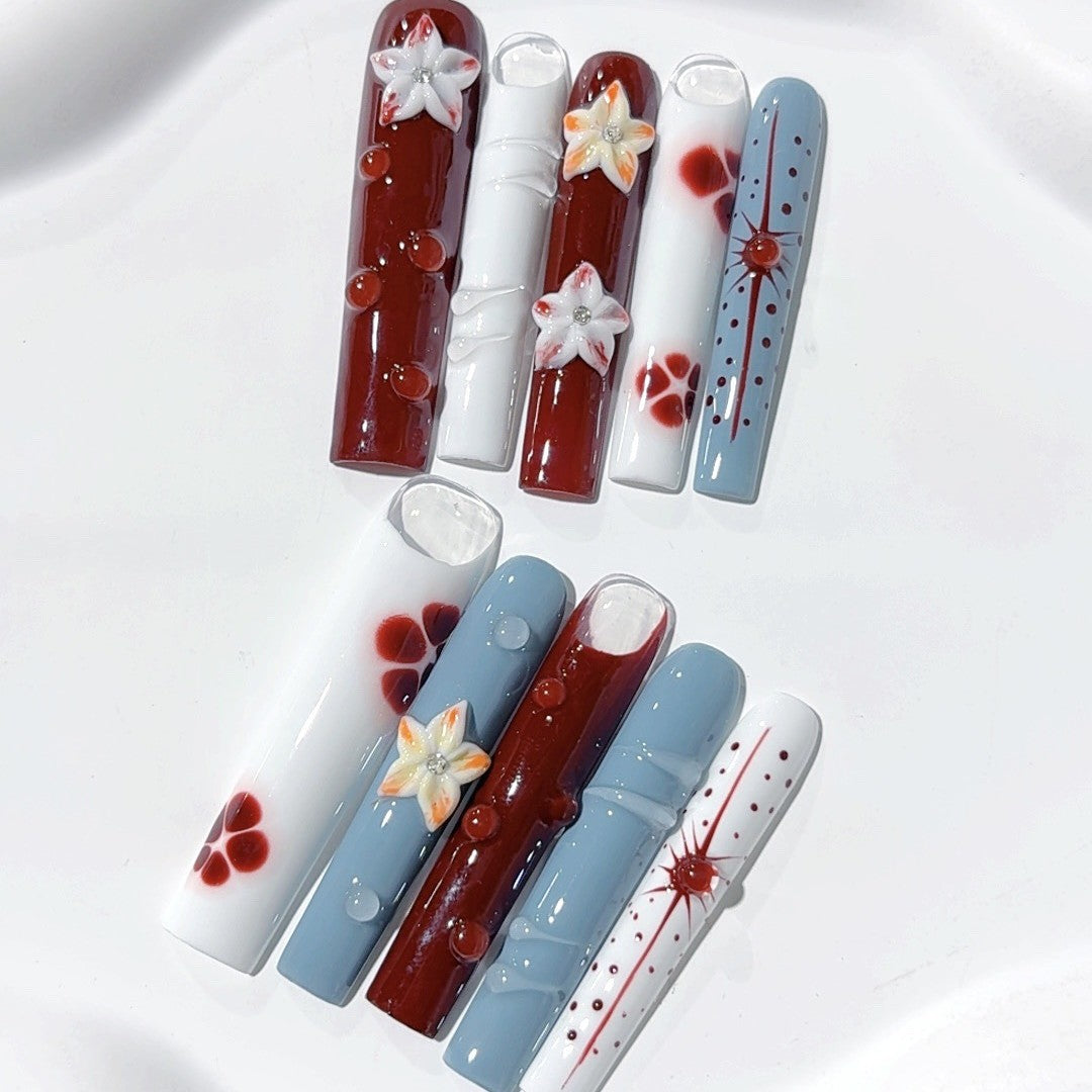 Warm Retro Floral Art Extra Long Press On Nails