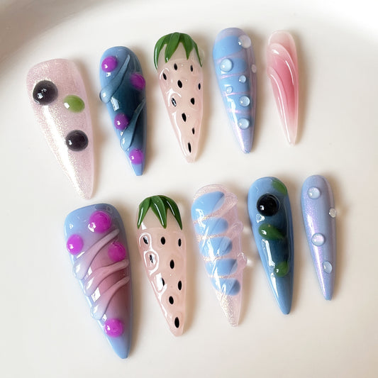 Ice Crystal Strawberry Cute Fruit Wind Handemade press on nails 3D Embossed Hand-painted Long Nail Patch｜365nails