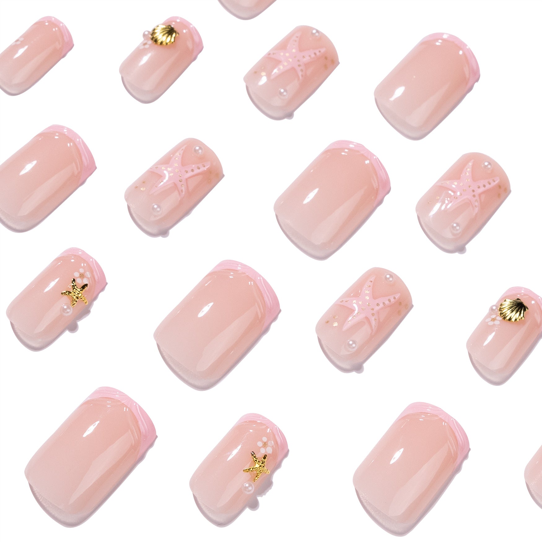 365nails: "Pink Beach Starfish Square" – French Tip Press-on Nails