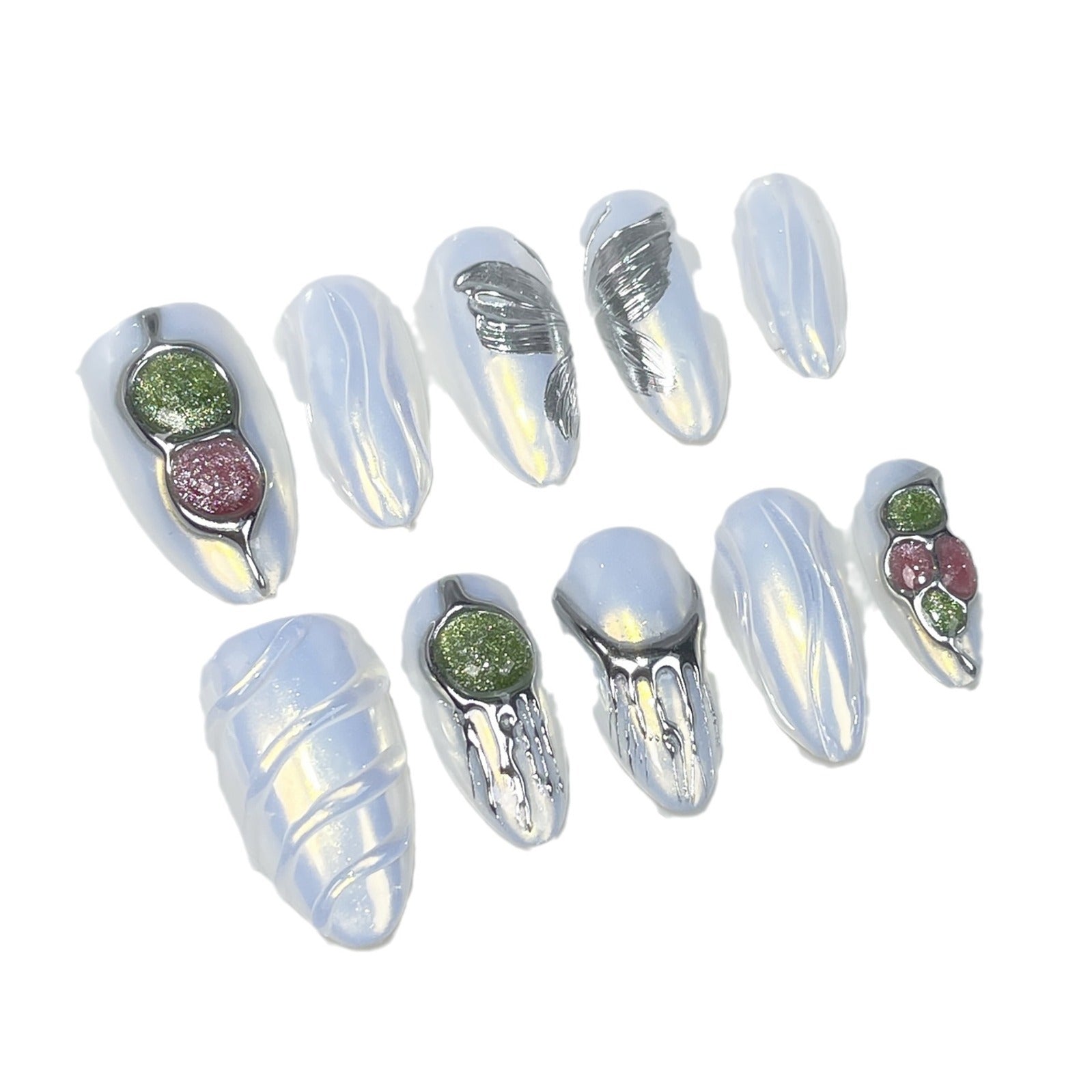 Aurora Sculpted Nails with Metallic Detail and Gem Cat-Eye Accents