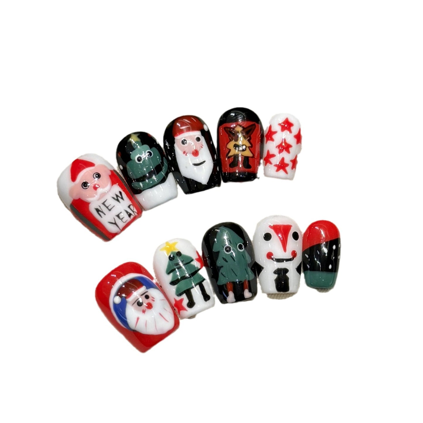 Playful Santa & Christmas Tree Press‑On Nails – Red, Black & White Short Design
