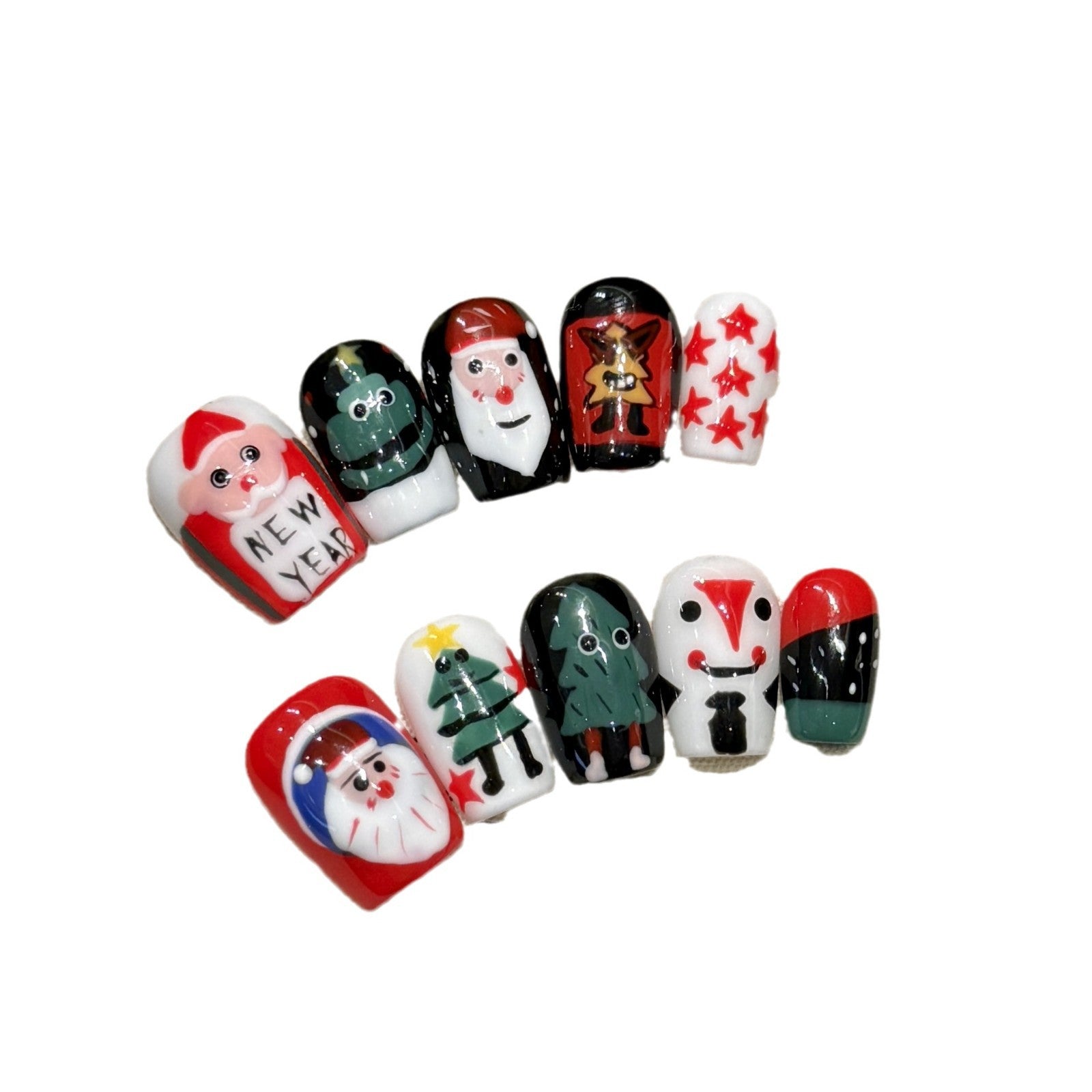 Playful Santa & Christmas Tree Press‑On Nails – Red, Black & White Short Design