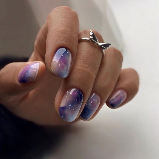 Short Short Round Wearing Nail Pads Wholesale Color Smudge Nail Art False Nails Galaxy Star Nail Art Nail Patch｜365nails