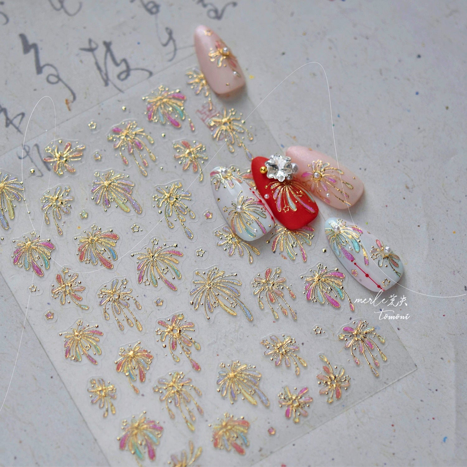 Holographic Firework Nail Stickers – 3D Embossed Iridescent Celebration Set