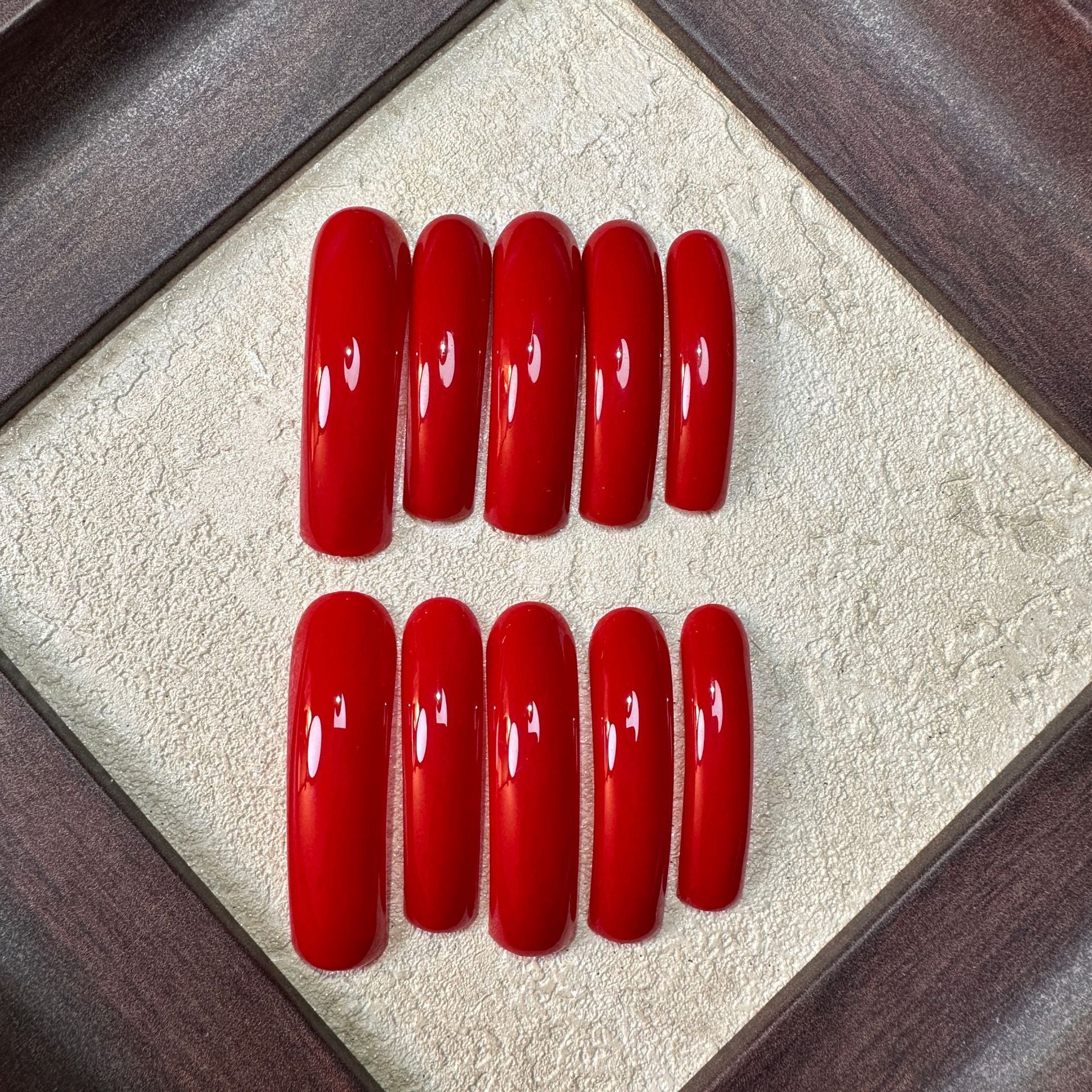 Glossy Red Curved Long Press On Nails