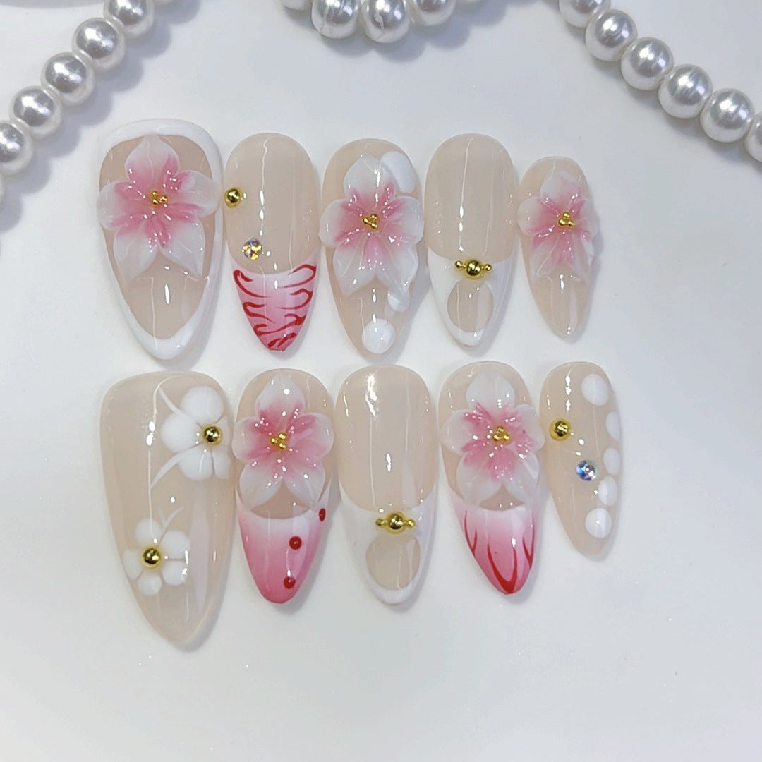 Éclosion Sakura : « Grâce Florale 3D » – Ongles press-on forme amande