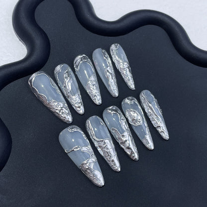 Irregular three-dimensional metal Spice Girl handmade press-on nails advanced cold-tone silver magic mirror powder finished nail patch｜365nails