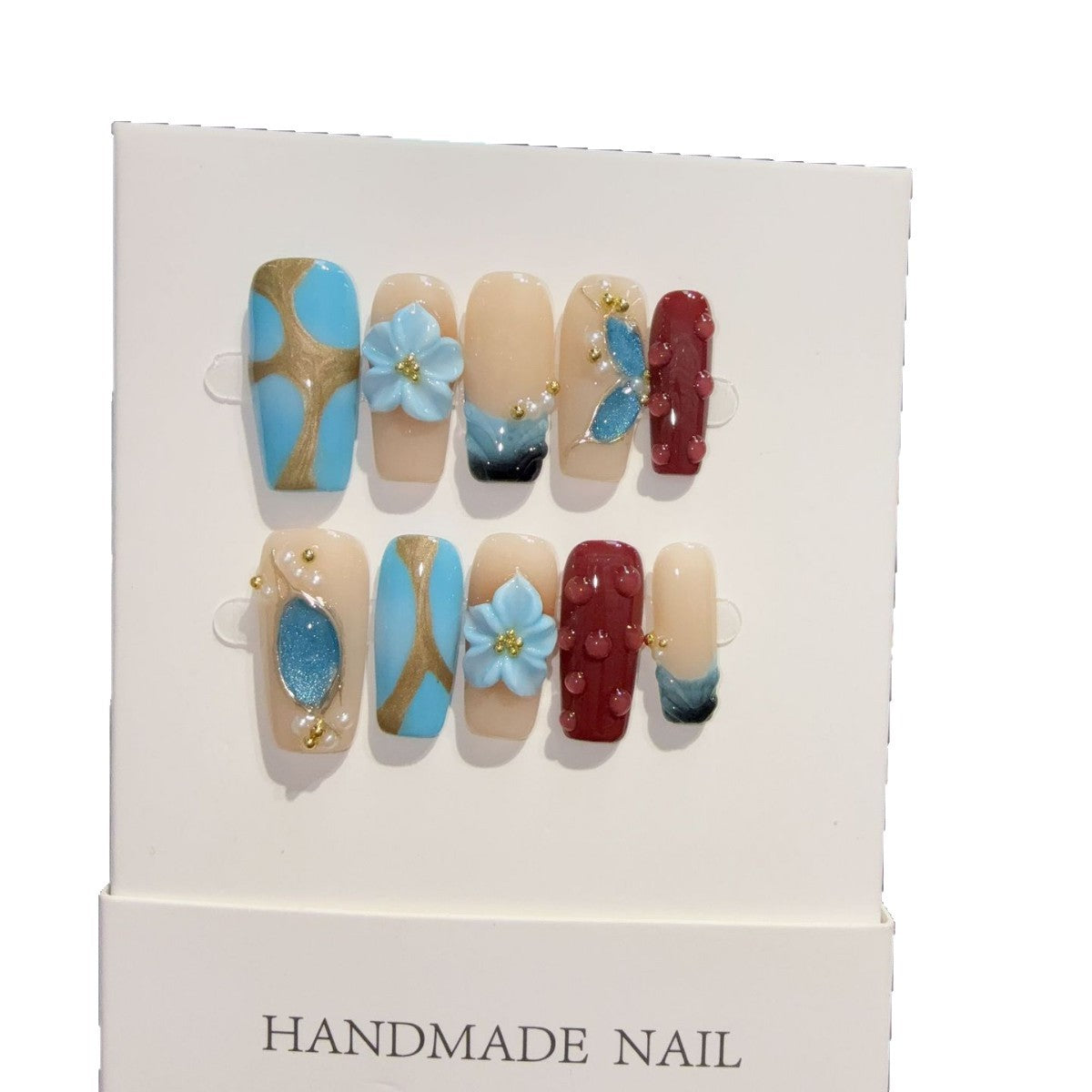 365nails: "하늘빛 꽃" – 3D 꽃 마블 수제 아몬드형 네일