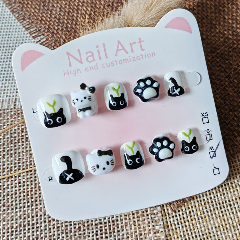 365nails: "monochrome mischievous kitty" – short wide handmade kids press-on nails