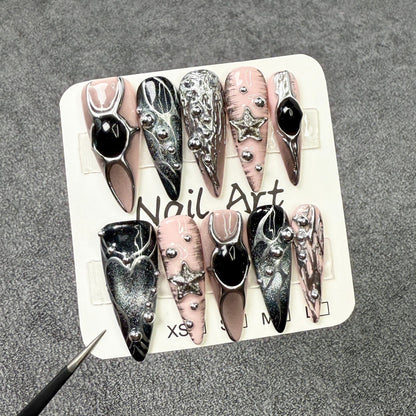 Long pointed nail art metal hand-painted  relief sweet cool babes cat eye press-on nails pure handmade wholesale｜365nails