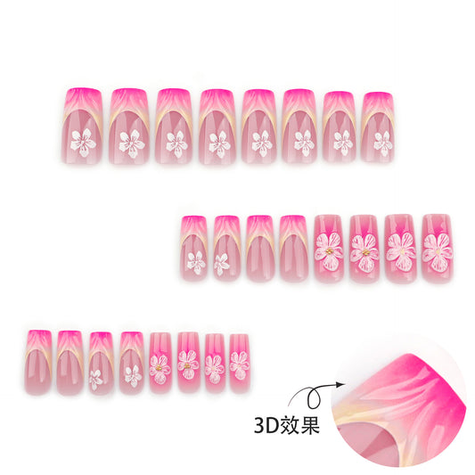 Manicure francesa 3D com mudança gradual, peça curta quadrada para unhas vestíveis, peça com acabamento em flor, atacado ｜365nails