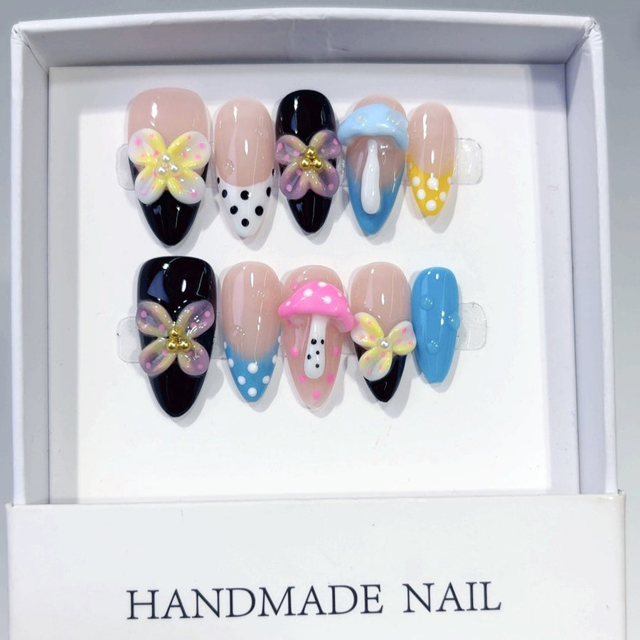 Whimsical Garden: "Butterfly & Mushroom" – Short Almond Handmade Press On Nails
