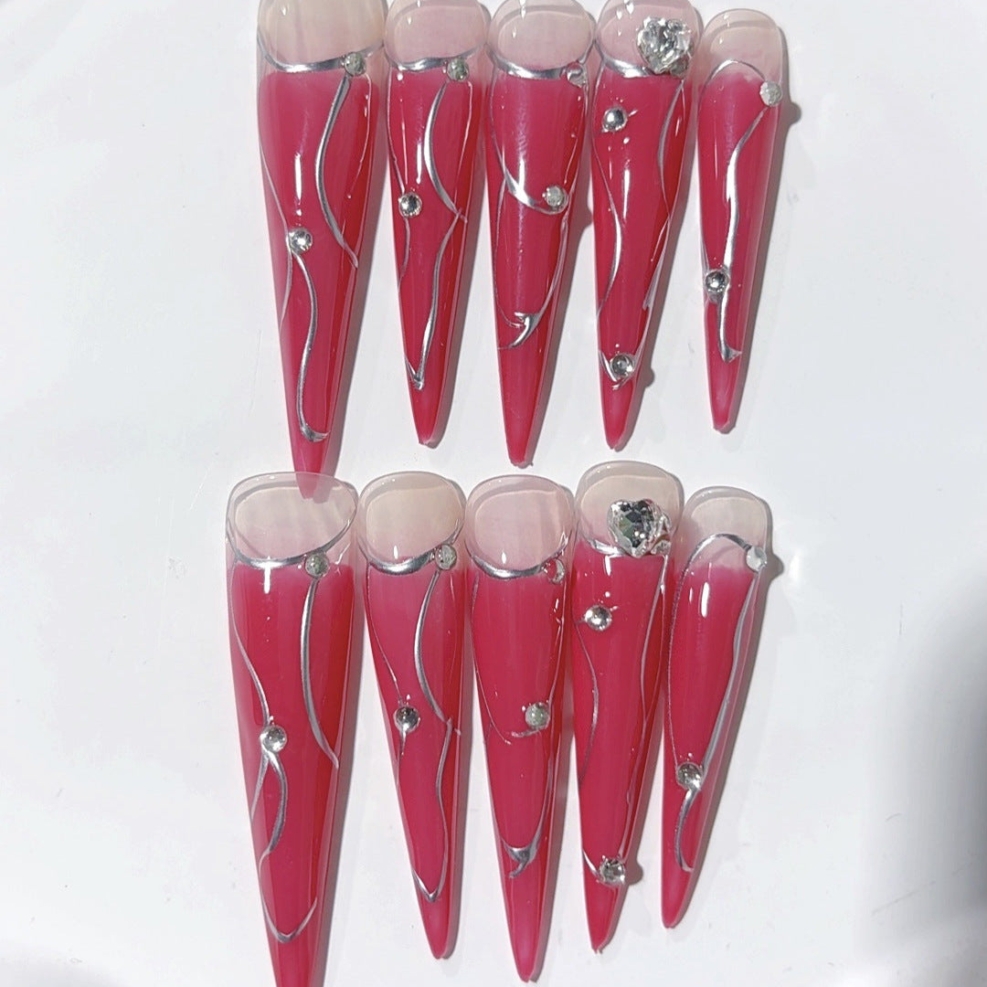 Red Chrome Line Edgy Glam Statement Press On Nails