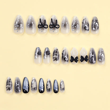 Black three-dimensional bow  pearl love star nail art piece gradual change sequins letter almond ｜365nails